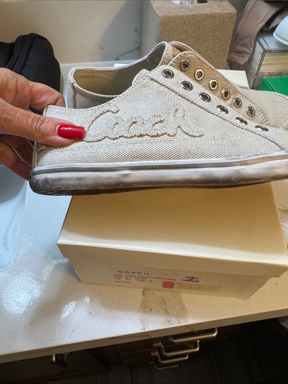 Coach Beige Canvas Slip-On Sneakers with Tan Leather Logo - Picture 6 of 7
